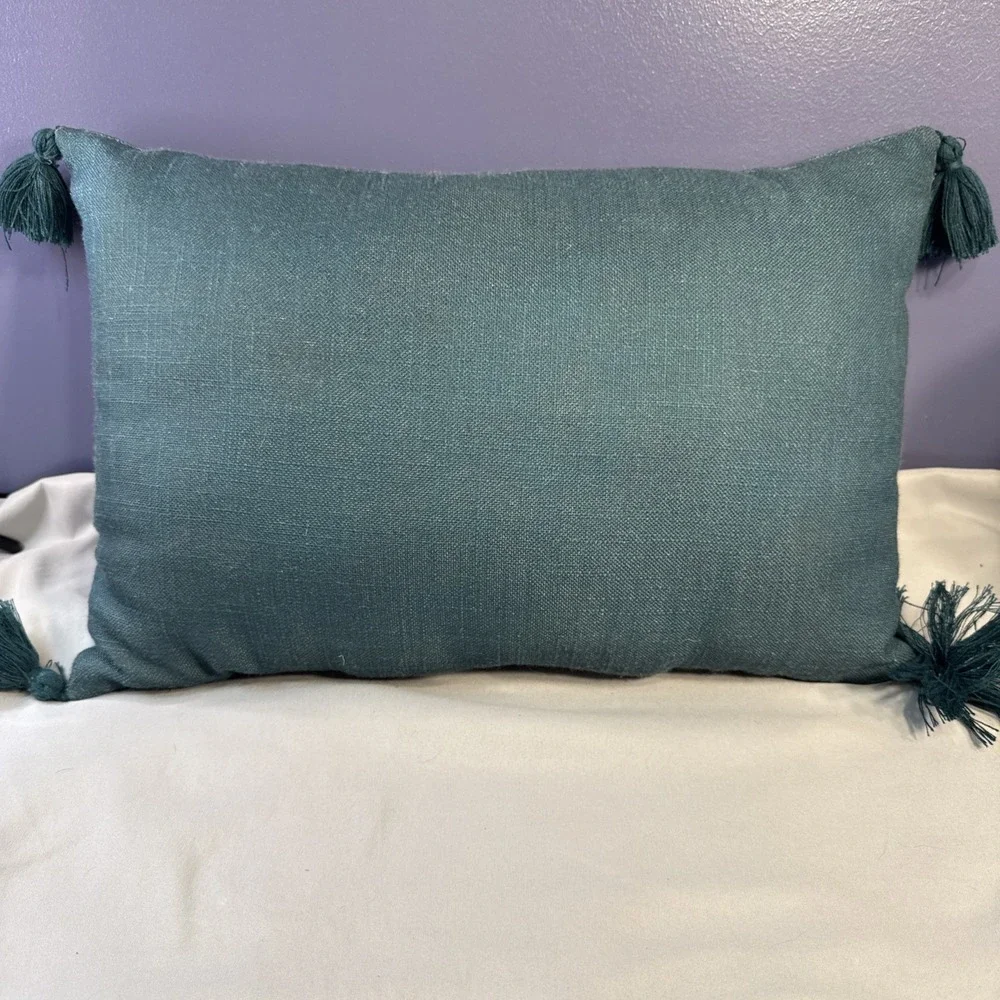 Green Teal Embroidered Leaping Cheetah Luxury Decorative Toss Pillow Tassels